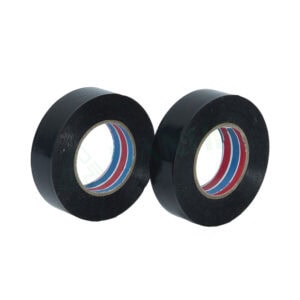 Two black PVC electrical tape rolls with colored inner cores, ideal for electrical insulation and wiring projects.